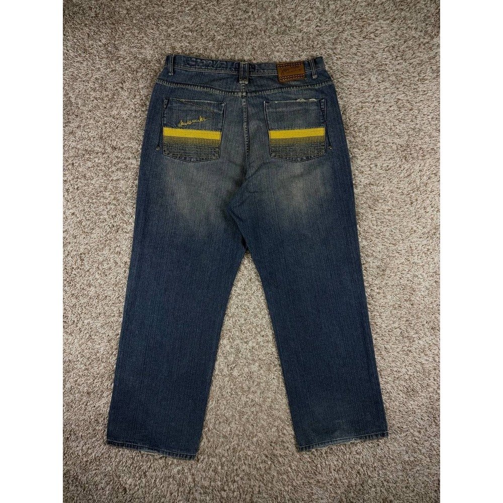 Akademiks Baggy Jeans Blue Denim Y2K Hip Hop Yellow Embroidered Pockets 40x32